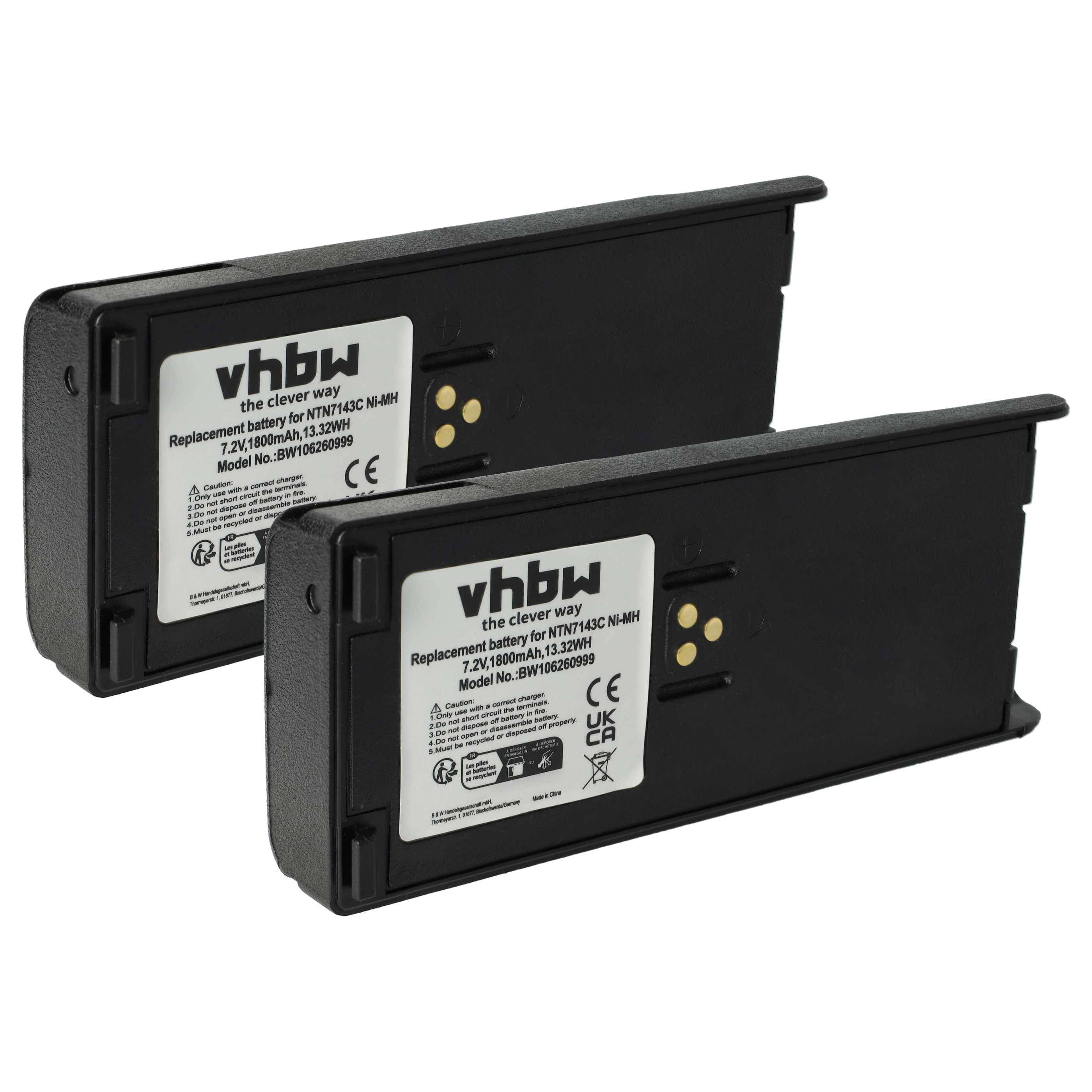 vhbw 2x Akku Ersatz für Motorola NTN7143C, NTN7143CR, NTN7143R für Funkgerät, Walkie Talkie (1800 mAh, 7,5 V, NiMH) + Gürtelclip