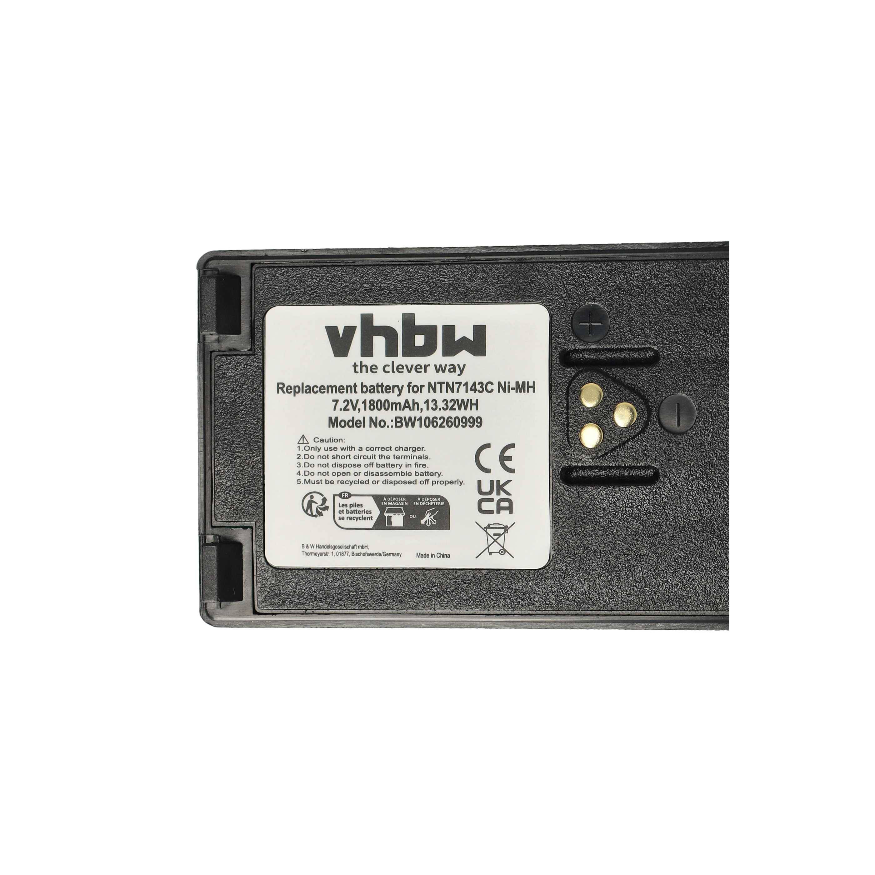 vhbw Akku Ersatz für Motorola NTN7144CR für Funkgerät, Walkie Talkie (1800 mAh, 7,5 V, NiMH) + Gürtelclip