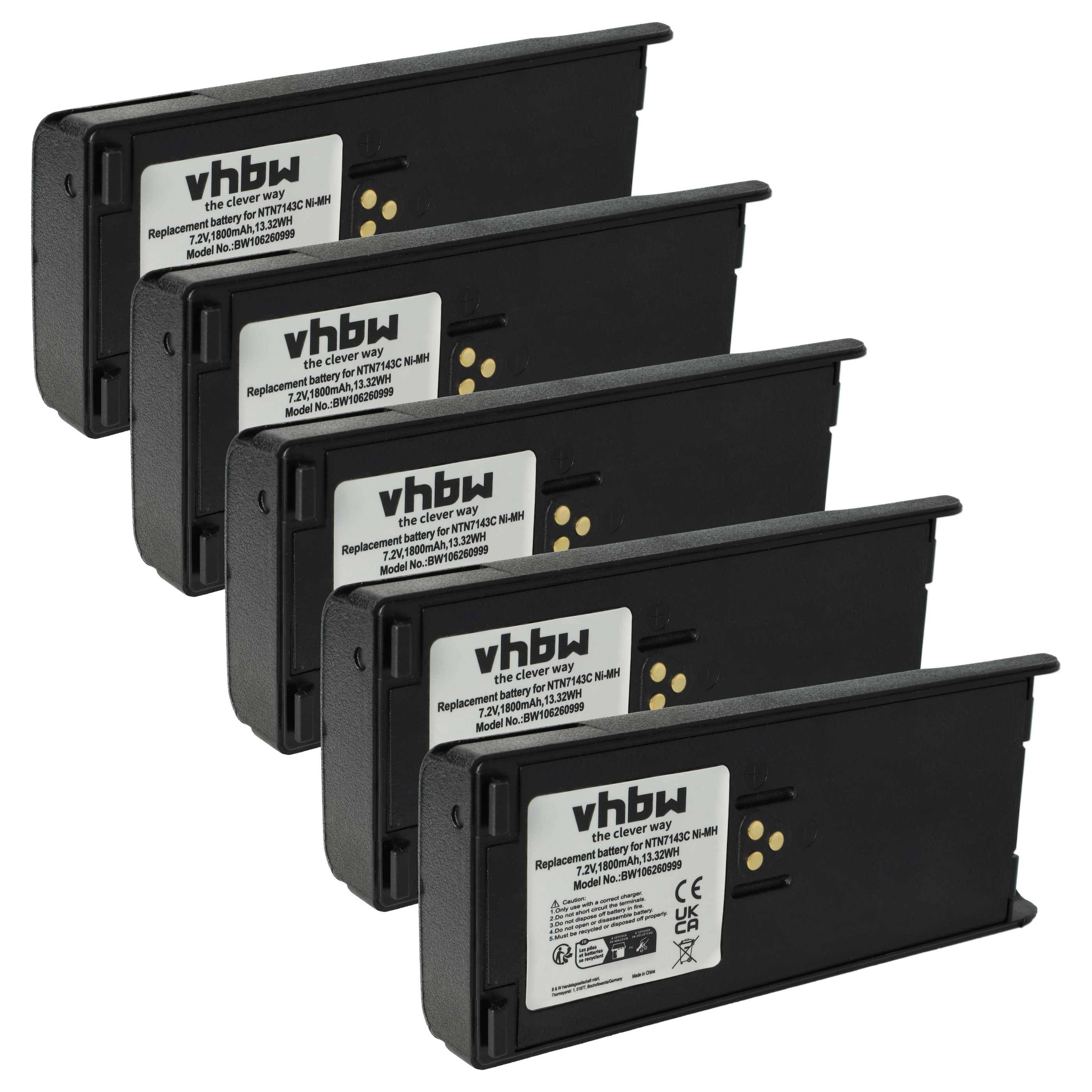 vhbw 5x Akku Ersatz für Motorola NTN7144C, NTN7144CR für Funkgerät, Walkie Talkie (1800 mAh, 7,5 V, NiMH) + Gürtelclip