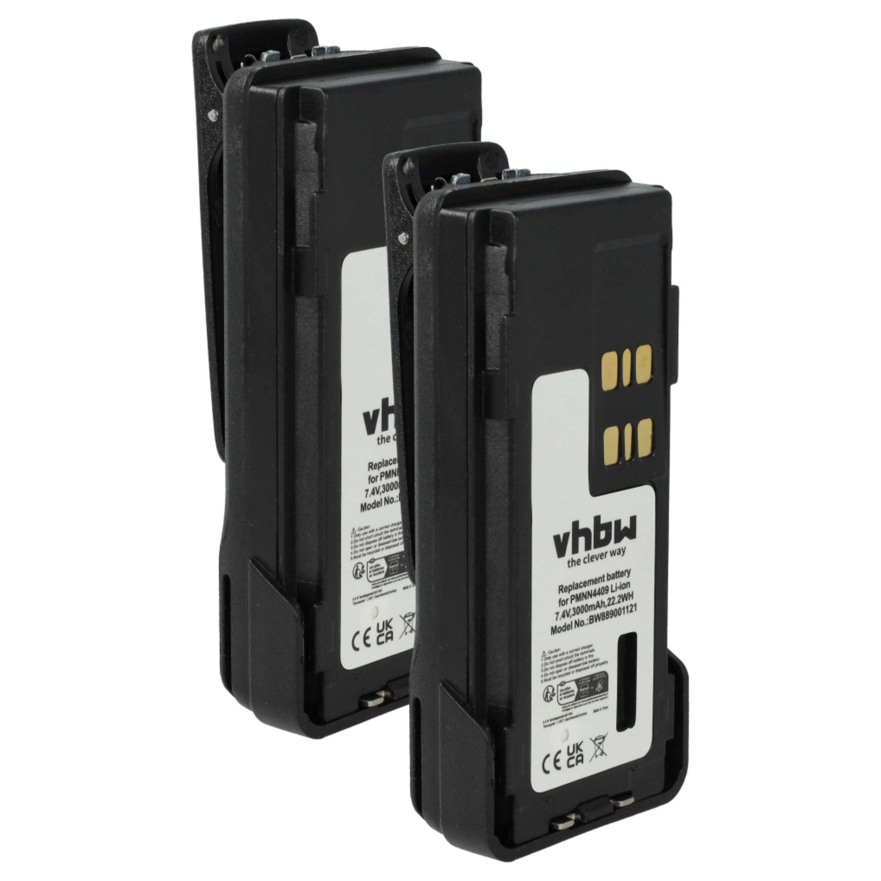 vhbw 2x Akku Ersatz für Motorola PMNN4490B, PMNN4490A, PMNN4491 für Funkgerät, Walkie Talkie (3000 mAh, 7,4 V, Li-Ion) + Gürtelclip