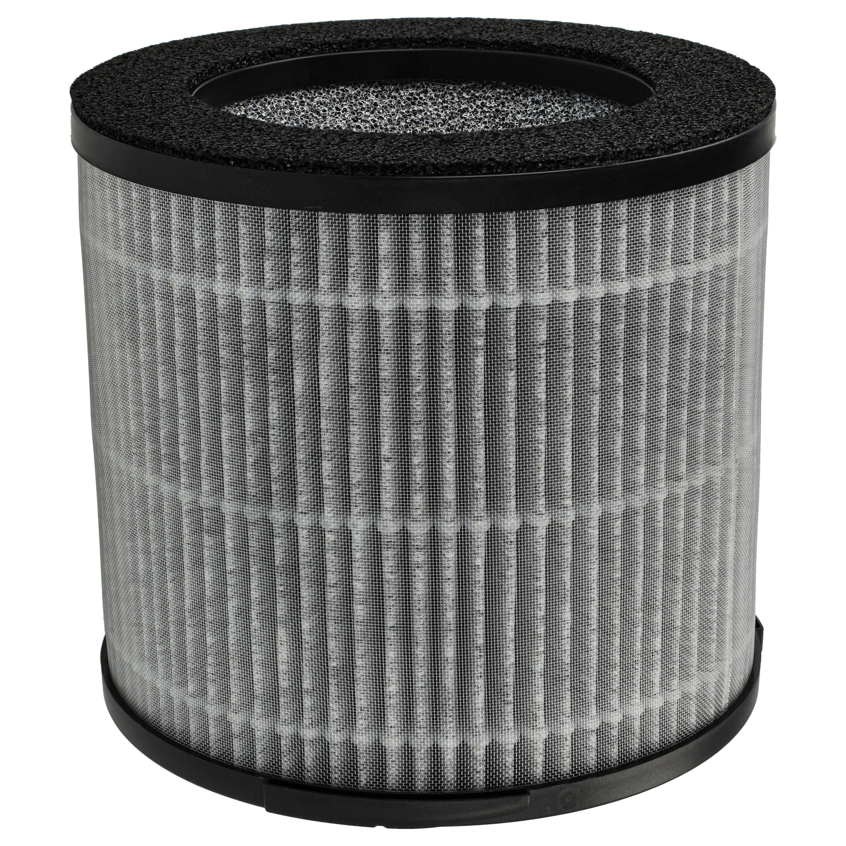 Ein zylindrischer HEPA-Luftfilter mit schwarzem Außenrahmen und gefaltetem weißem Filtermaterial, das zum Abfangen von Staub und Allergenen verwendet wird.