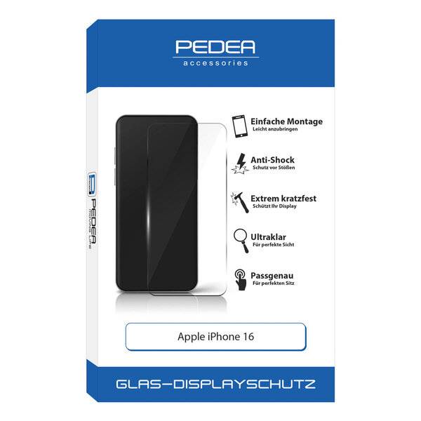 Verpackung für PEDEA Zubehör Glasbildschirmschutz für Apple iPhone 16, mit schwarzen und klaren Telefonbildschirmen und deutschen Funktionsangaben: einfache Installation, stoßfest, kratzfest, klar, präzise Passform.