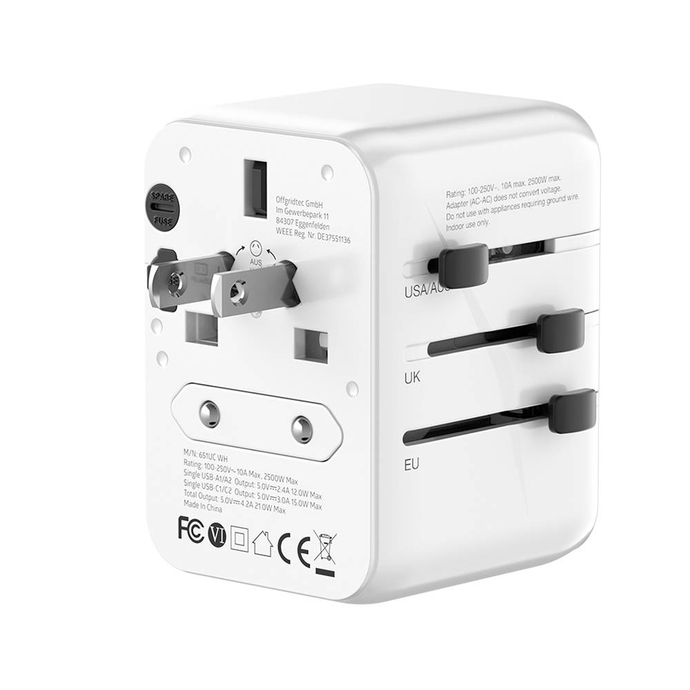 Offgridtec Reiseadapter Universal Weltweit Schuko 2x USB-A und 2x USB-C Weiß