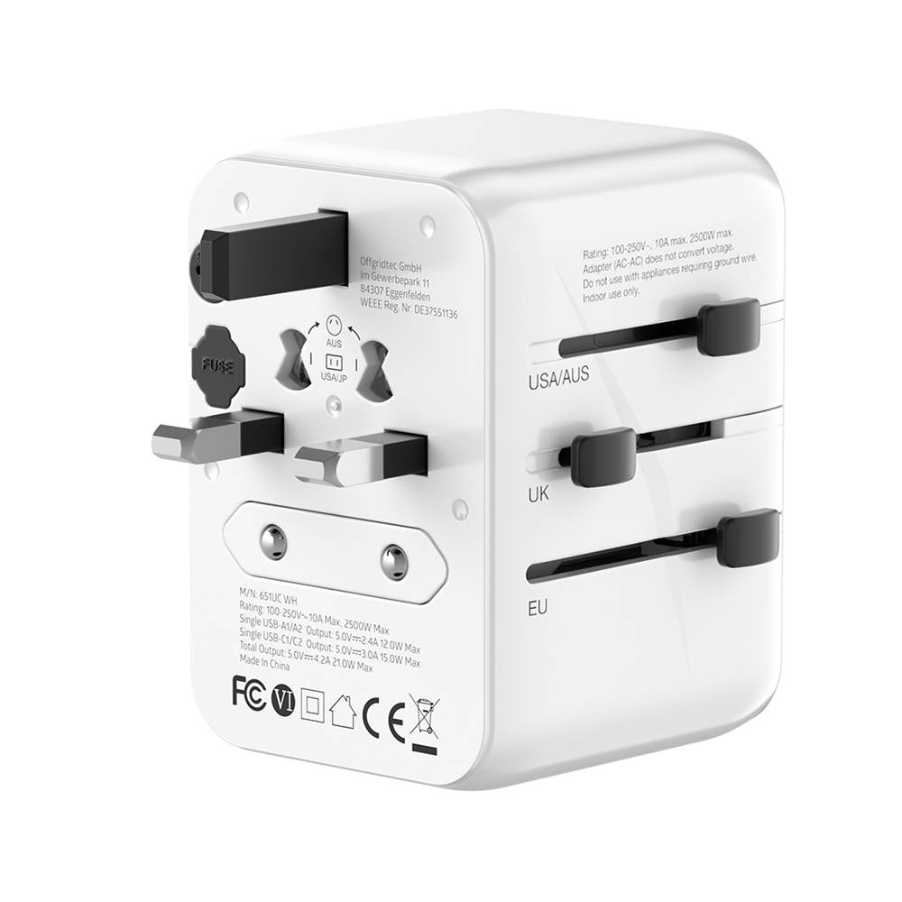 Offgridtec Reiseadapter Universal Weltweit Schuko 2x USB-A und 2x USB-C Weiß