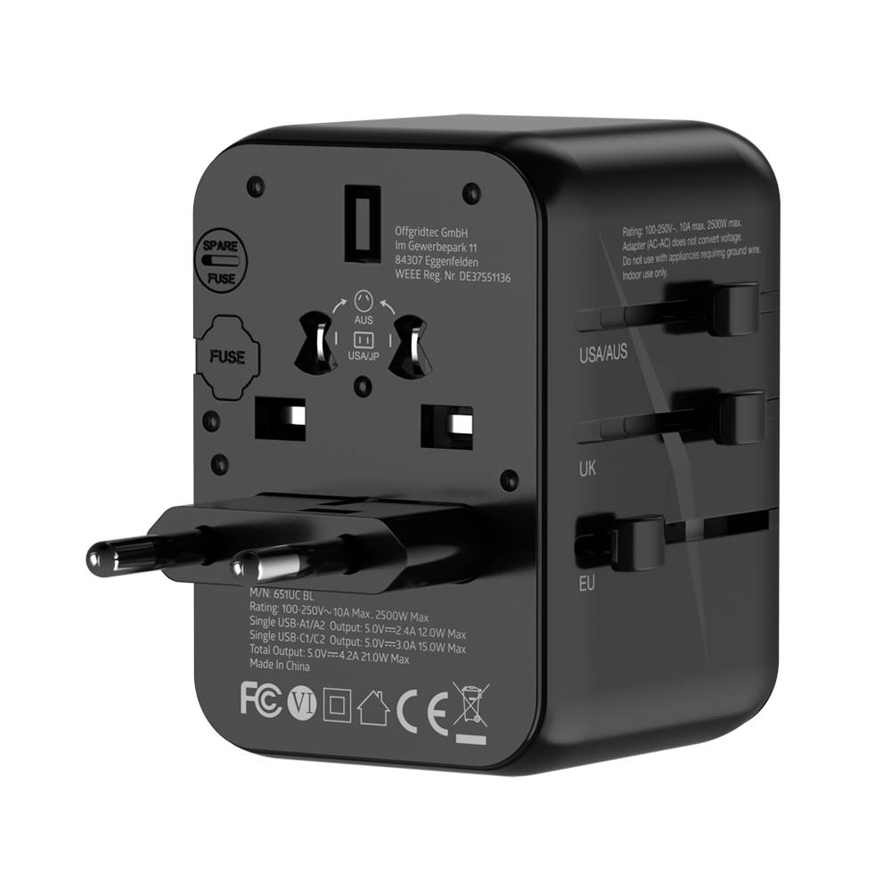 Offgridtec Reiseadapter Universal Weltweit Schuko 2x USB-A und 2x USB-C Schwarz