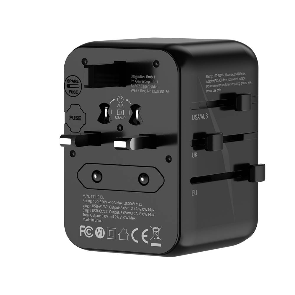 Offgridtec Reiseadapter Universal Weltweit Schuko 2x USB-A und 2x USB-C Schwarz