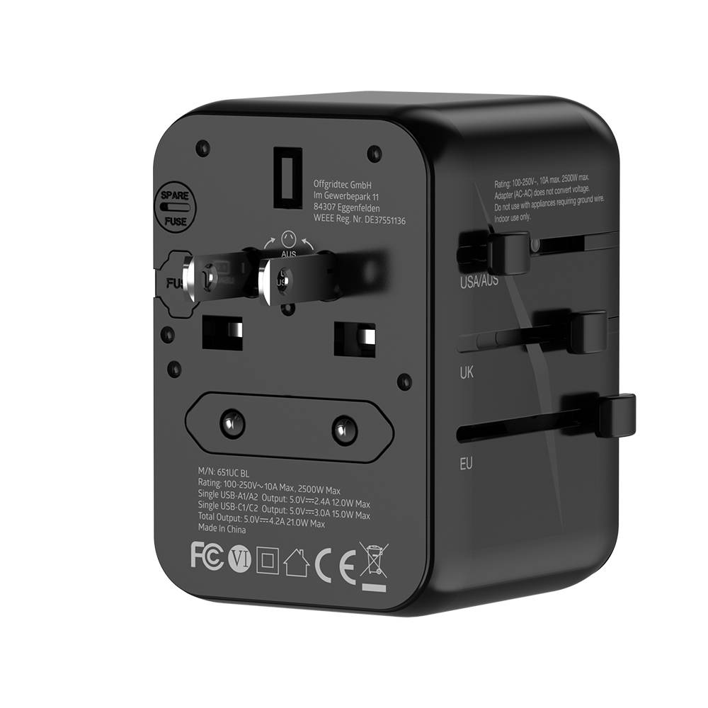 Offgridtec Reiseadapter Universal Weltweit Schuko 2x USB-A und 2x USB-C Schwarz