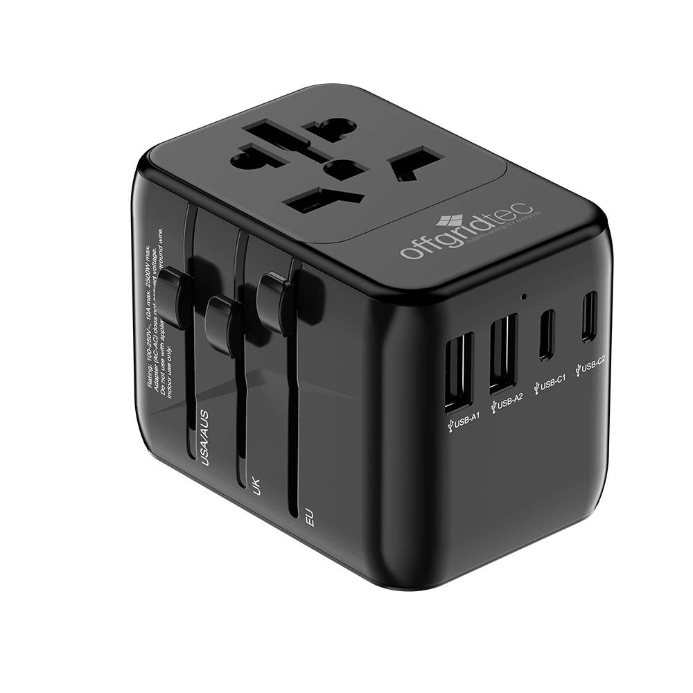 Offgridtec Reiseadapter Universal Weltweit Schuko 2x USB-A und 2x USB-C Schwarz