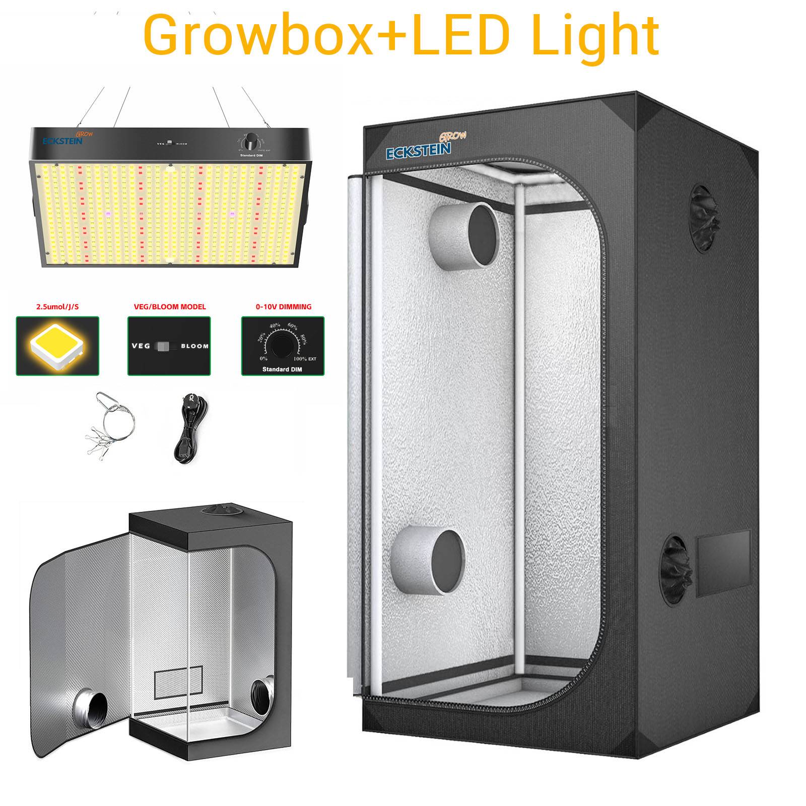Growbox Komplettset LED 60x60X140 Gewächshaus Growtent Zuchtzelt Indoor Pflanzenzelt mit 100W Vollspektrum Dimmbar Light