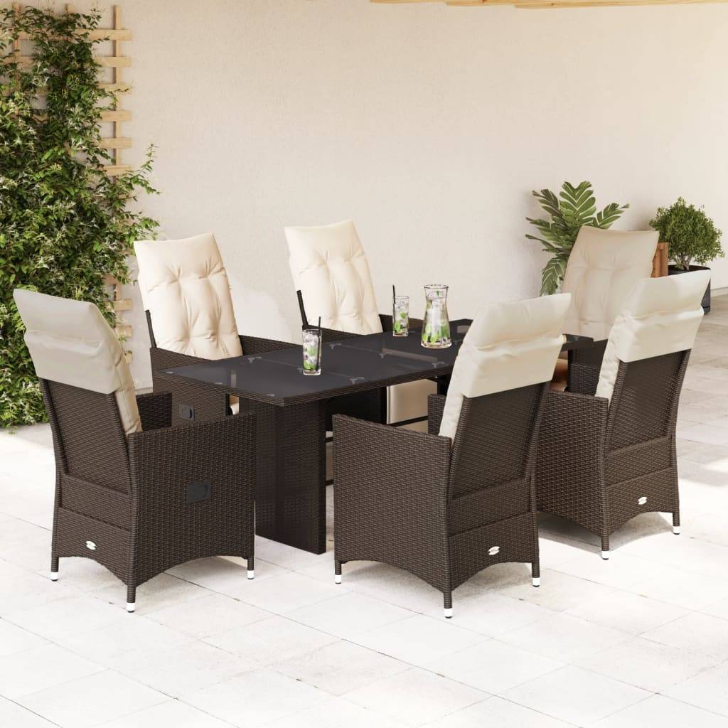 vidaXL 7-tlg. Garten-Bistro-Set mit Kissen Braun Poly Rattan