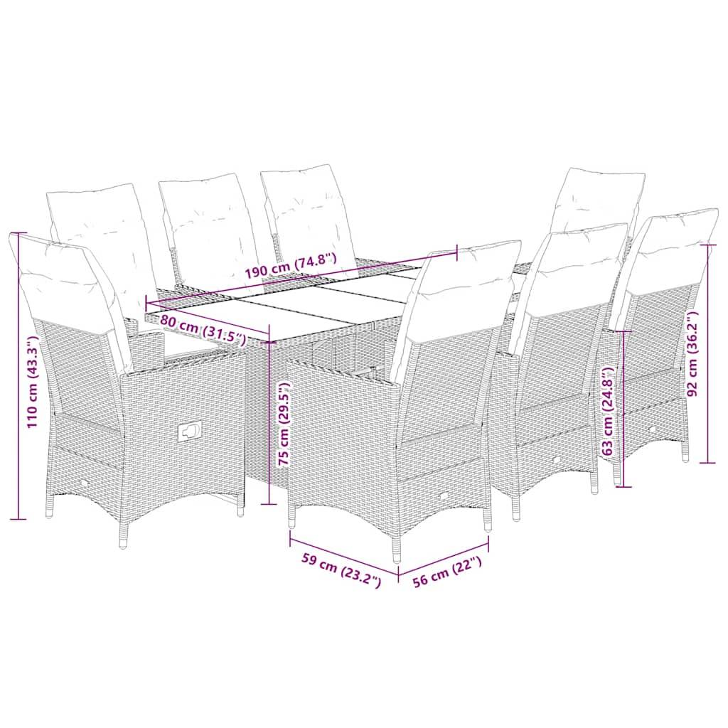 vidaXL 9-tlg. Garten-Essgruppe mit Kissen Braun Poly Rattan
