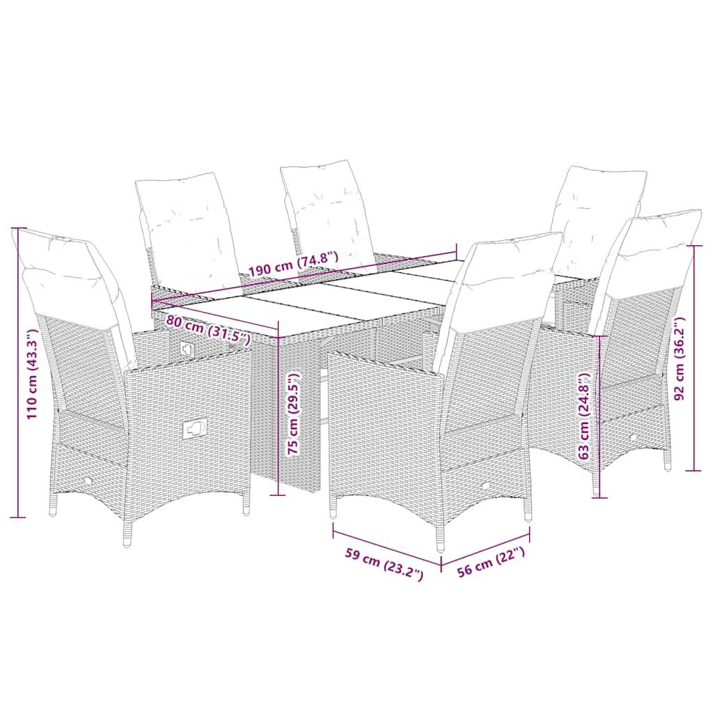 vidaXL 7-tlg. Garten-Essgruppe mit Kissen Braun Poly Rattan