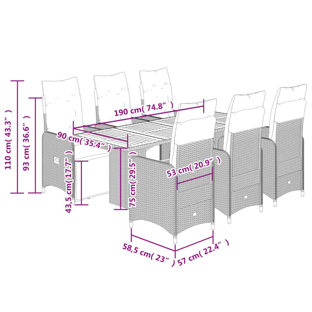 vidaXL 7-tlg. Garten-Bistro-Set mit Kissen Schwarz Poly Rattan