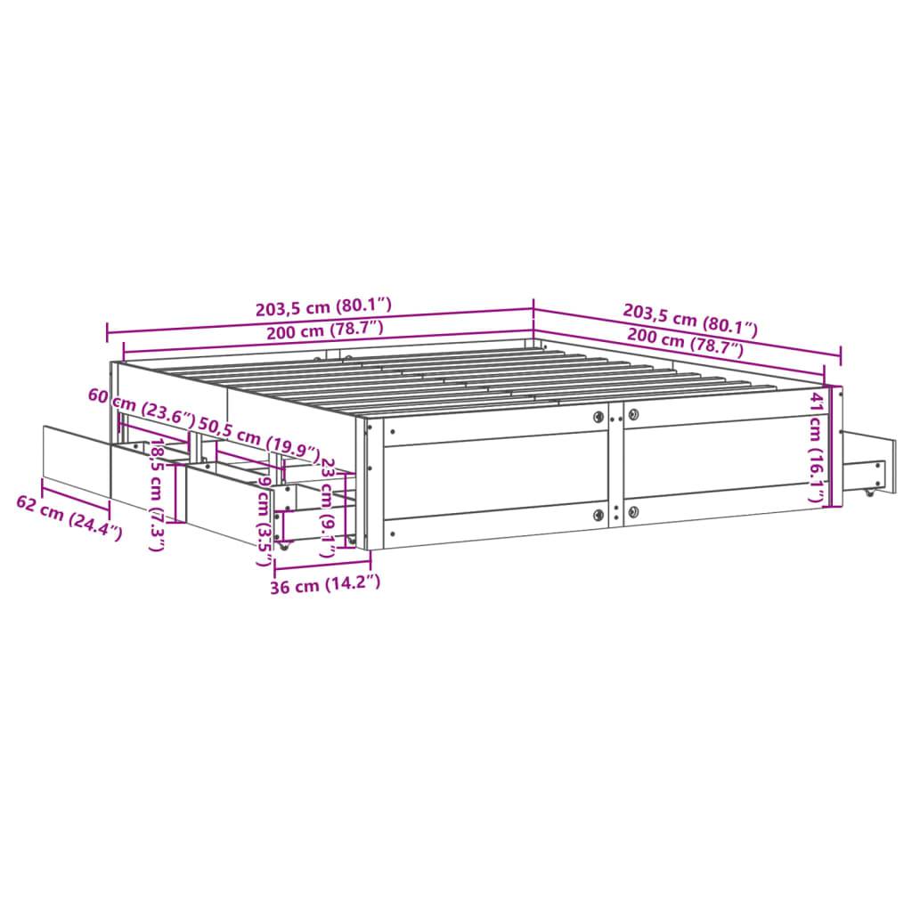 vidaXL Massivholzbett ohne Matratze mit Schubladen Braun 200x200 cm