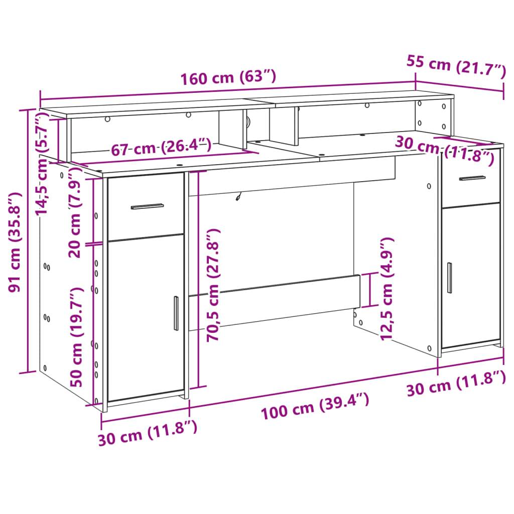 vidaXL LED-Schreibtisch Altholz-Optik 160x55x91 cm Holzwerkstoff