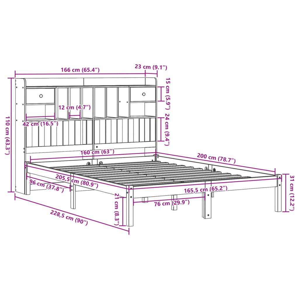 vidaXL Massivholzbett mit Regal ohne Matratze Wachsbraun 160x200 cm