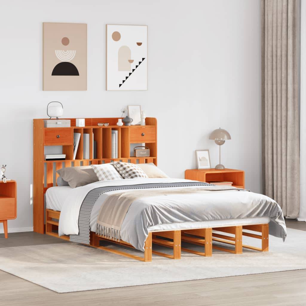vidaXL Massivholzbett mit Regal ohne Matratze Wachsbraun 135x190 cm