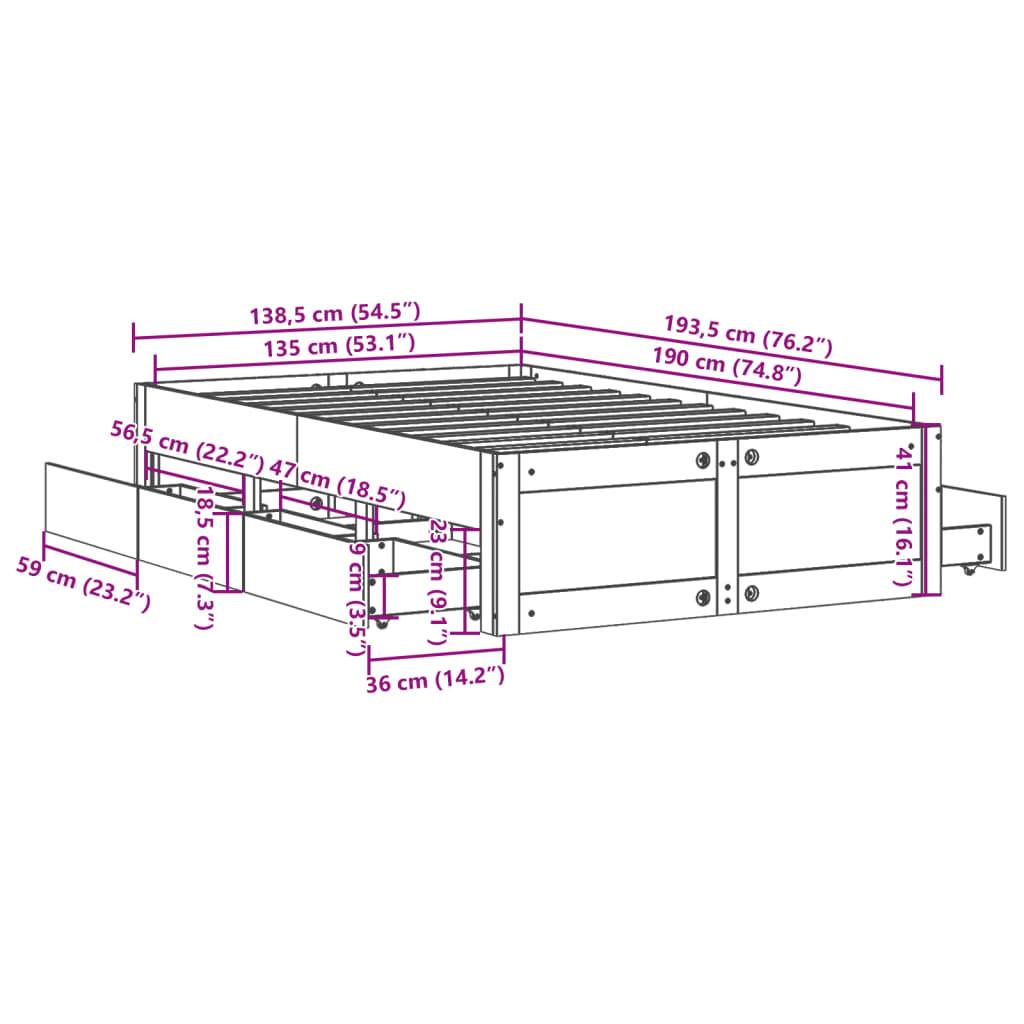 vidaXL Massivholzbett ohne Matratze mit Schubladen 135x190 cm