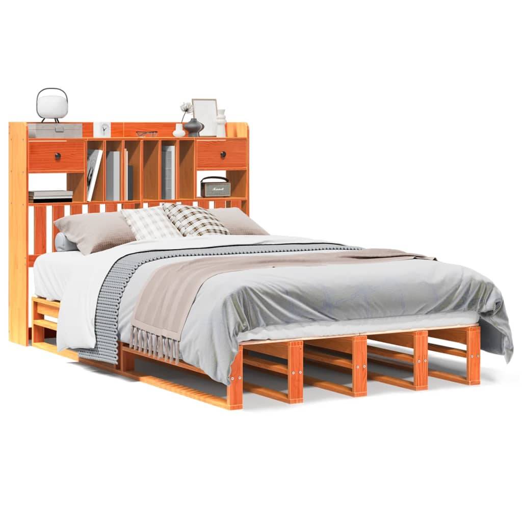 vidaXL Massivholzbett mit Regal ohne Matratze Wachsbraun 135x190 cm