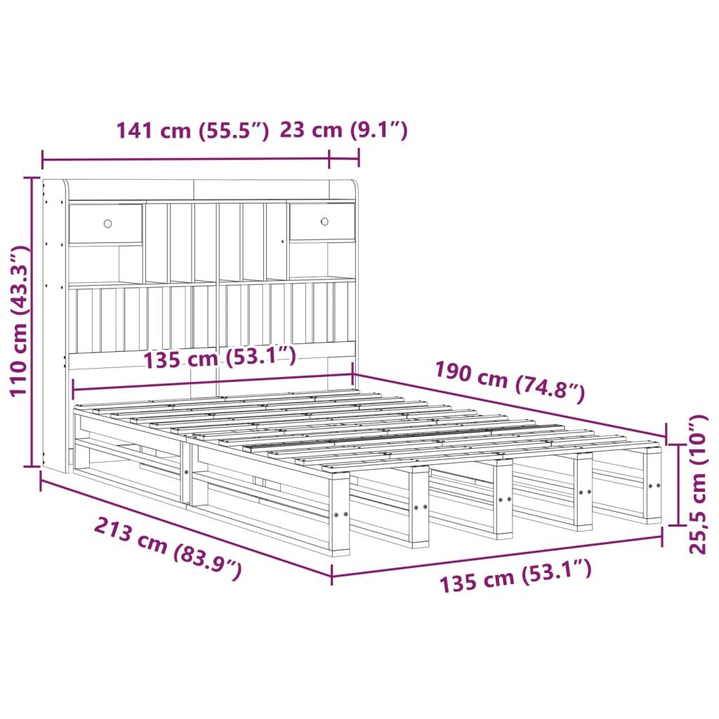 vidaXL Massivholzbett mit Regal ohne Matratze Wachsbraun 135x190 cm