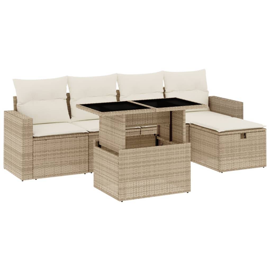 vidaXL 6-tlg. Garten-Sofagarnitur mit Kissen Beige Poly Rattan