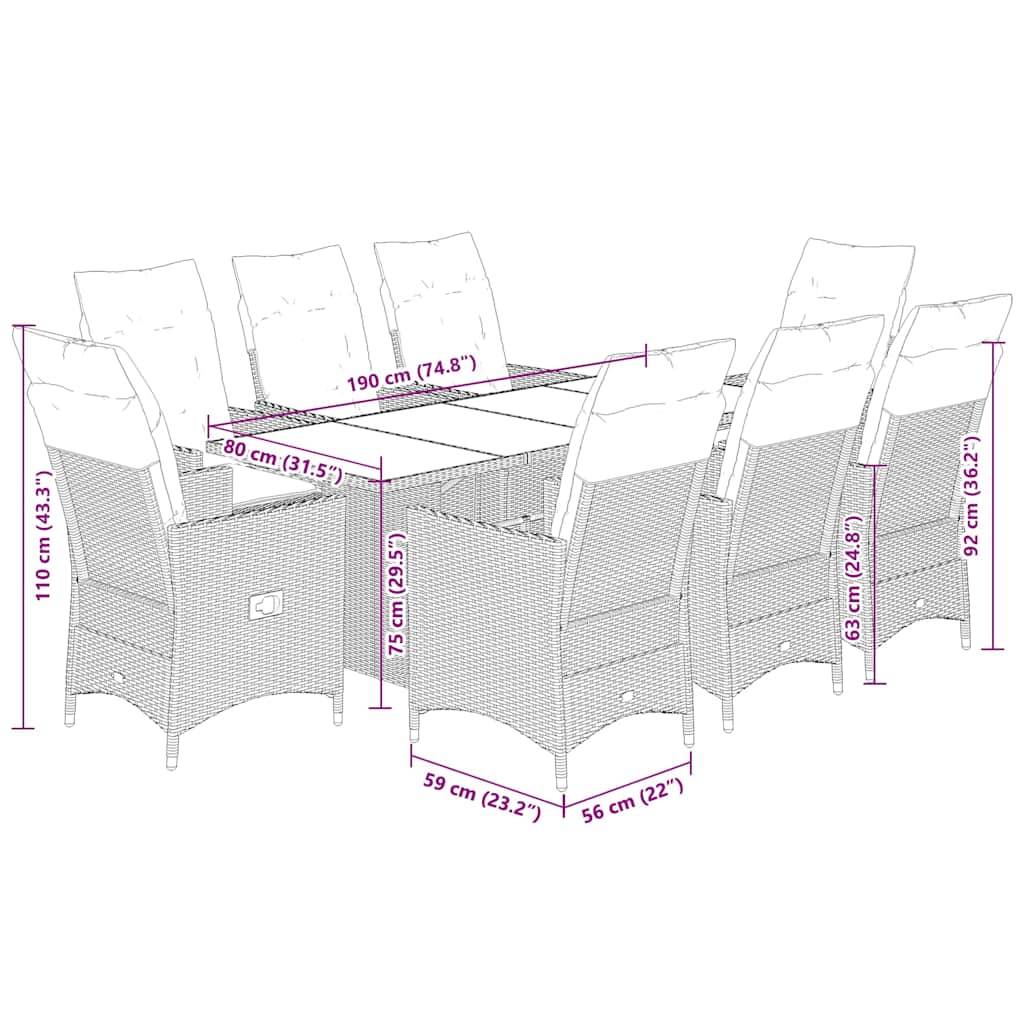vidaXL 9-tlg. Garten-Essgruppe mit Kissen Braun Poly Rattan