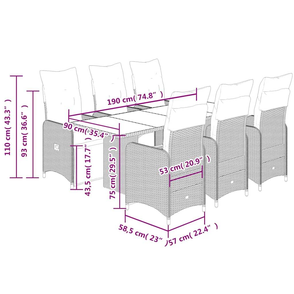 vidaXL 7-tlg. Garten-Bistro-Set mit Kissen Braun Poly Rattan