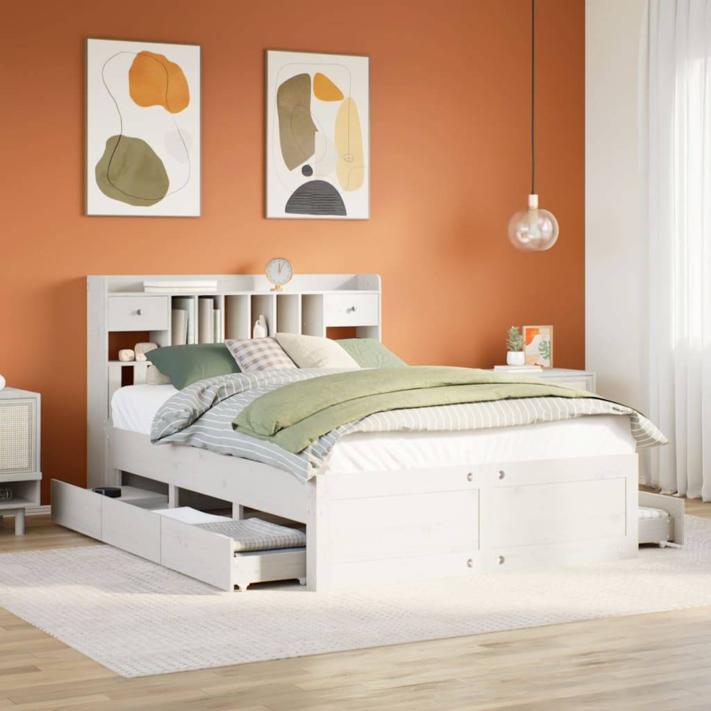 vidaXL Massivholzbett mit Regal ohne Matratze Weiß 140x200 cm Kiefer