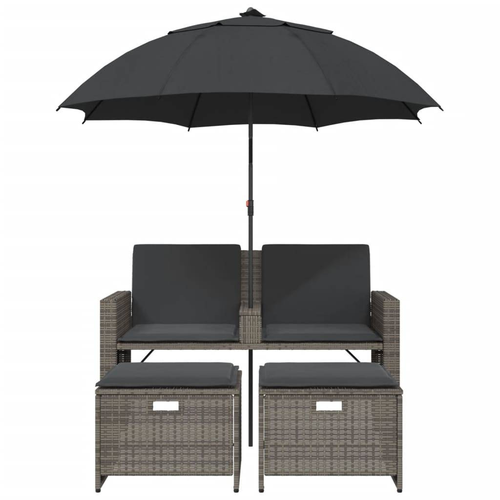 vidaXL Gartensofa 2-Sitzer Sonnenschirm und Hocker Grau Poly Rattan
