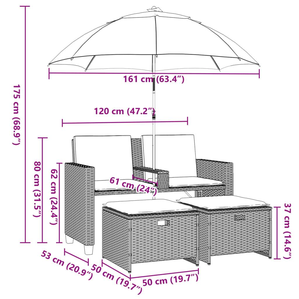 vidaXL Gartensofa 2-Sitzer Sonnenschirm und Hocker Grau Poly Rattan