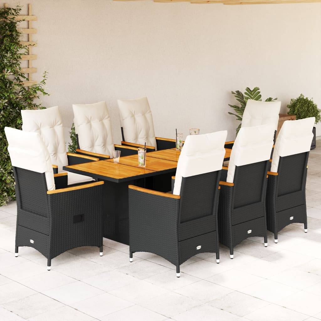 vidaXL 9-tlg. Garten-Essgruppe mit Kissen Schwarz Poly Rattan
