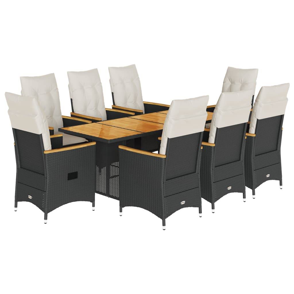 vidaXL 9-tlg. Garten-Essgruppe mit Kissen Schwarz Poly Rattan