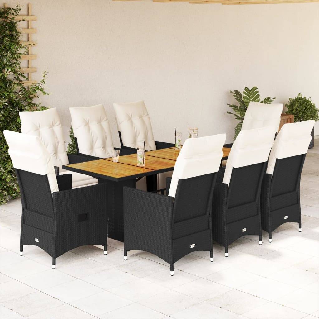 vidaXL 9-tlg. Garten-Essgruppe mit Kissen Schwarz Poly Rattan
