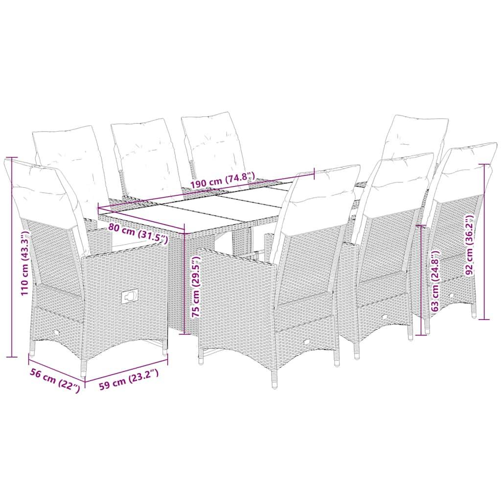 vidaXL 9-tlg. Garten-Essgruppe mit Kissen Schwarz Poly Rattan