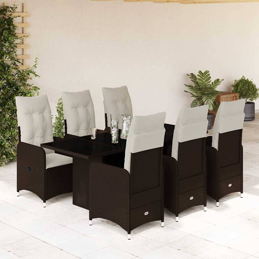 vidaXL 7-tlg. Garten-Bistro-Set mit Kissen Braun Poly Rattan