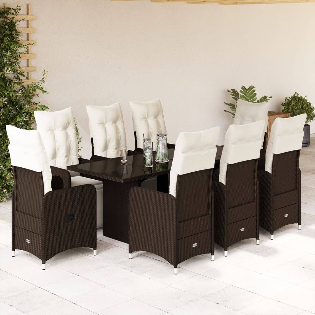 vidaXL 9-tlg. Garten-Bistro-Set mit Kissen Braun Poly Rattan