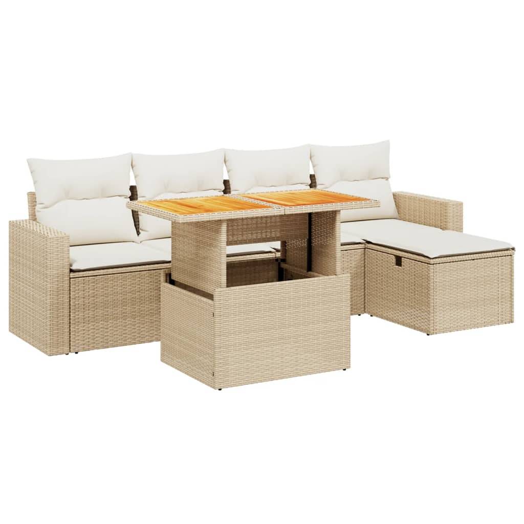 vidaXL 6-tlg. Garten-Sofagarnitur mit Kissen Beige Poly Rattan
