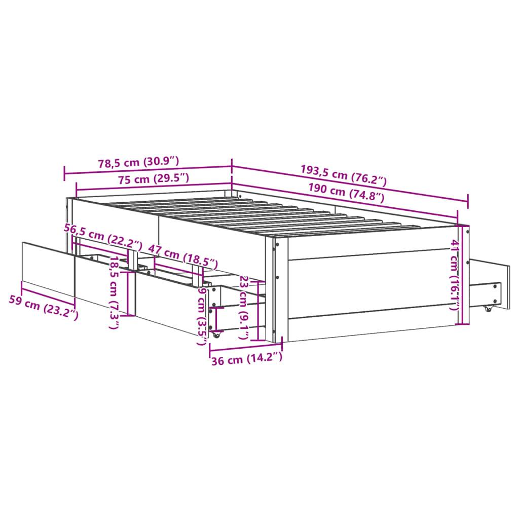 vidaXL Massivholzbett ohne Matratze mit Schubladen 75x190 cm