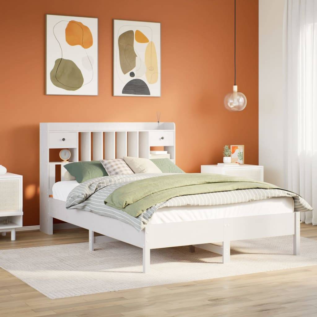 vidaXL Massivholzbett mit Regal ohne Matratze Weiß 150x200 cm Kiefer
