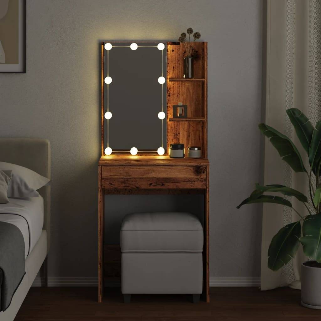 vidaXL Schminktisch mit LED-Leuchten Altholz-Optik 60x40x140 cm