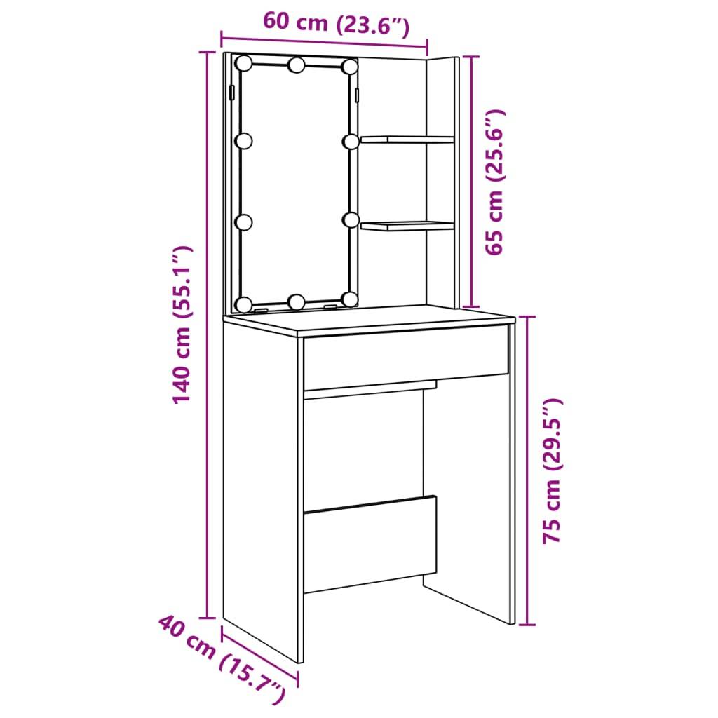 vidaXL Schminktisch mit LED-Leuchten Altholz-Optik 60x40x140 cm