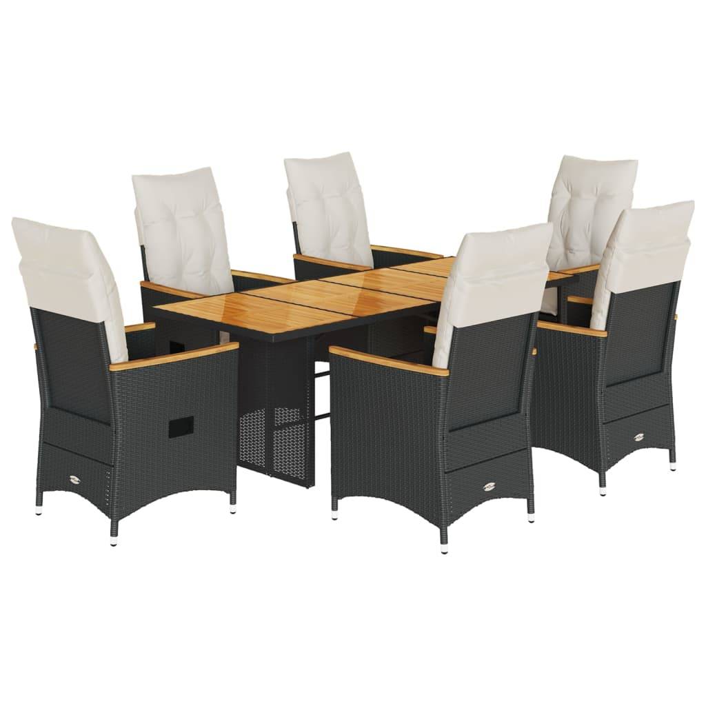 vidaXL 7-tlg. Garten-Essgruppe mit Kissen Schwarz Poly Rattan