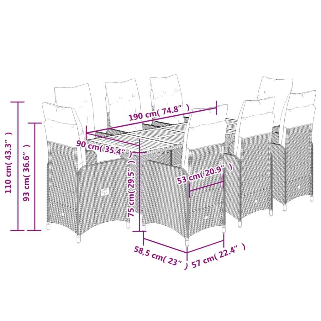 vidaXL 9-tlg. Garten-Bistro-Set mit Kissen Schwarz Poly Rattan