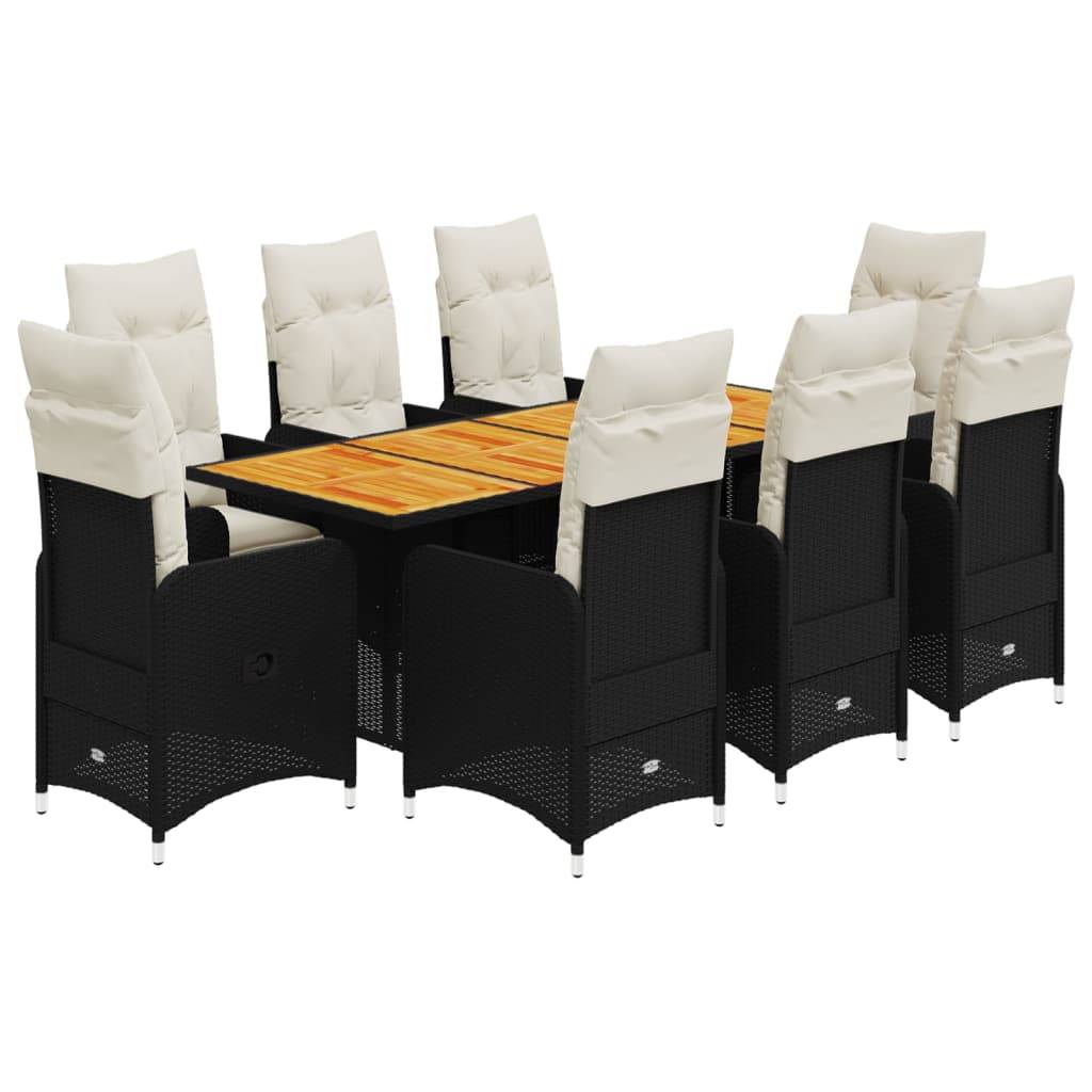 vidaXL 9-tlg. Garten-Bistro-Set mit Kissen Schwarz Poly Rattan
