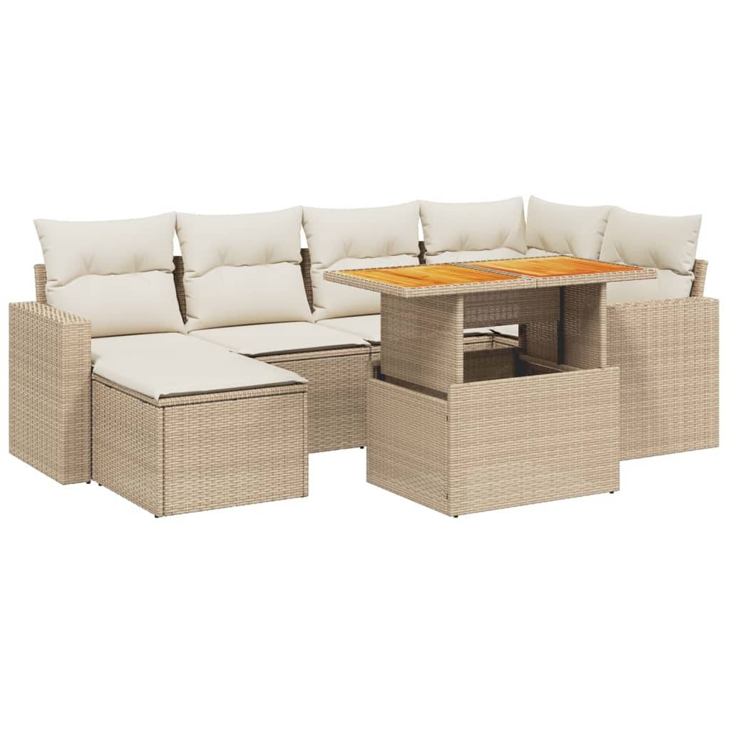 vidaXL 7-tlg. Garten-Sofagarnitur mit Kissen Beige Poly Rattan