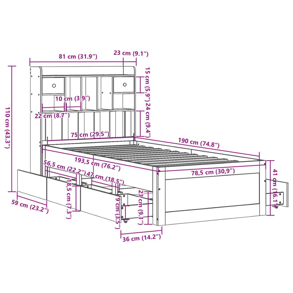 vidaXL Bücherregalbett ohne Matratze 75x190 cm Massivholz Kiefer