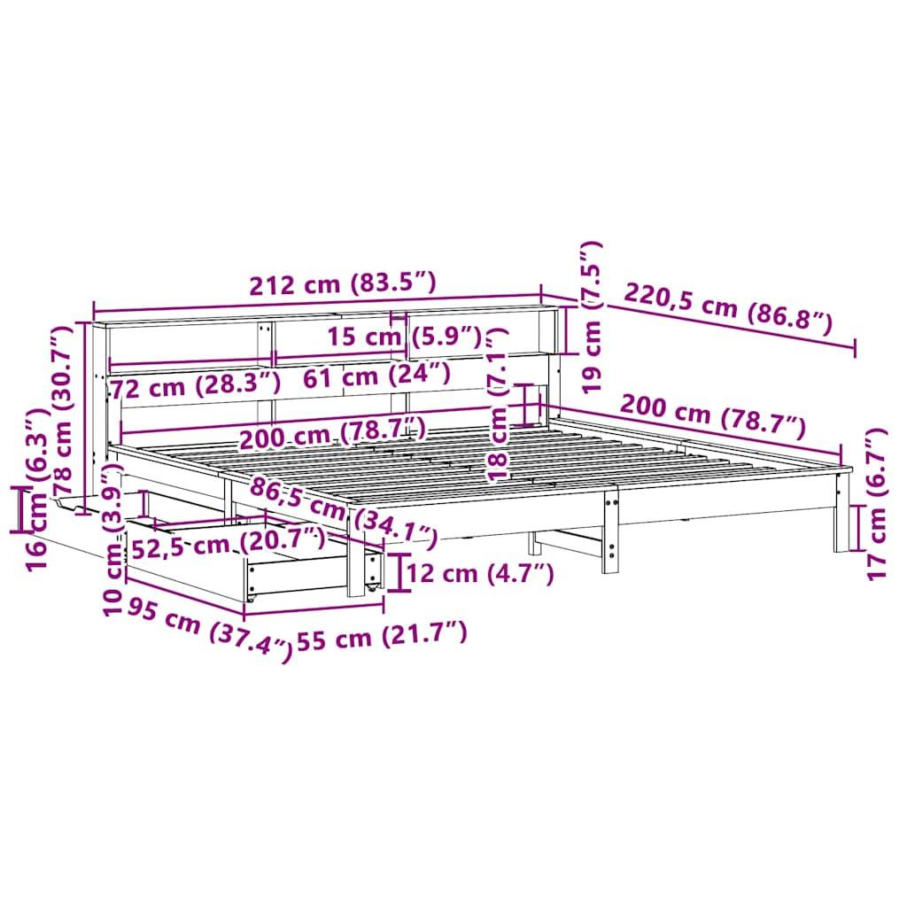 vidaXL Massivholzbett mit Regal ohne Matratze Wachsbraun 200x200 cm
