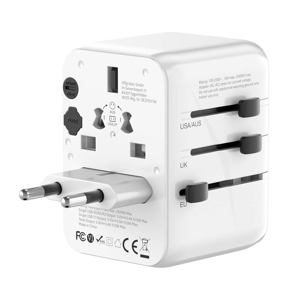 Offgridtec Reiseadapter Universal Weltweit Schuko 3x USB-A und 1x USB-C Weiß
