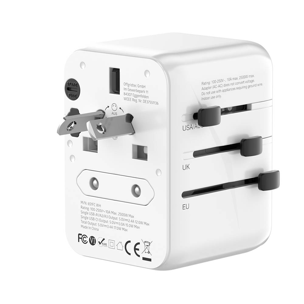 Offgridtec Reiseadapter Universal Weltweit Schuko 3x USB-A und 1x USB-C Weiß
