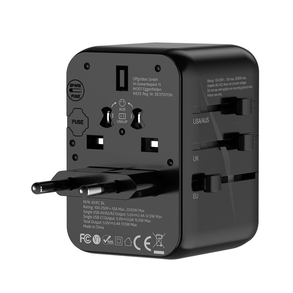 Offgridtec Reiseadapter Universal Weltweit Schuko 3x USB-A und 1x USB-C Schwarz